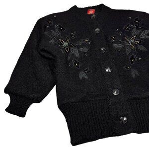 Vintage 90s Mohair Wool Cardigan Sz. S Black Beaded Appliqué  Fuzzy Whimsigoth